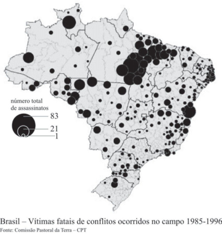 Mapa do Brasil com círculos pretos proporcionais ao número total de assassinatos em conflitos no campo entre 1985 e 1996 (legenda: 83, 21 e 1). A maior concentração de círculos grandes está no sul do Pará, norte do Tocantins e oeste do Maranhão; há círculos grandes isolados em Roraima e no Acre, círculos médios em Rondônia, Mato Grosso, Bahia e Minas Gerais e muitos círculos pequenos no Nordeste, Sudeste e Sul. Título: "Brasil – Vítimas fatais de conflitos ocorridos no campo 1985-1996"; fonte: Comissão Pastoral da Terra – CPT.