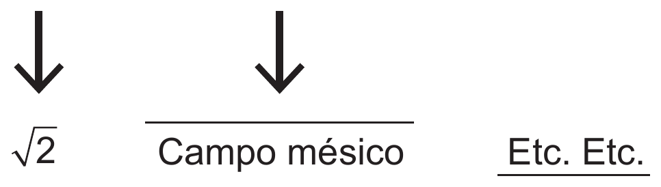 Duas setas verticais grossas apontando para baixo. Sob a primeira, o símbolo “√2”. Sob a segunda, a expressão “Campo mésico”, com um traço horizontal acima dela. À direita, “Etc. Etc.”, com um traço horizontal abaixo.