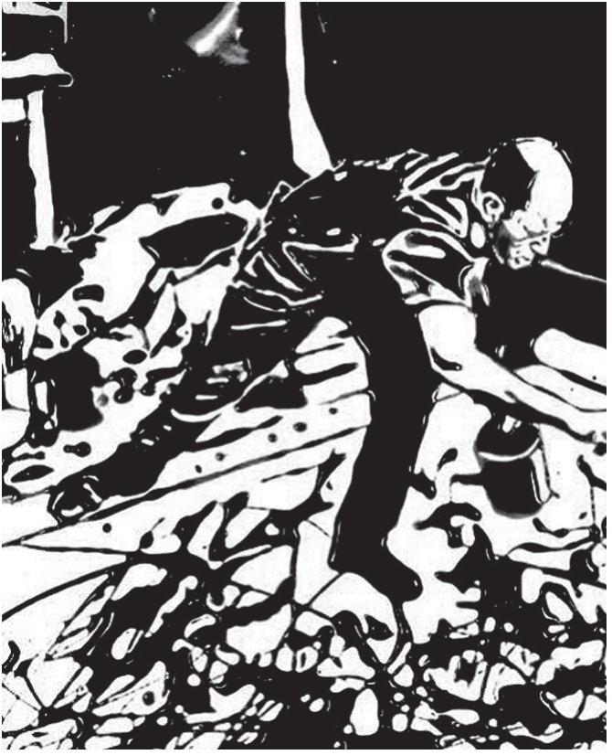 Imagem em alto contraste, só em preto e branco, sem meios-tons, que refaz a cena da fotografia anterior: o mesmo homem calvo inclinado sobre a tela no chão, com a lata na mão, e os respingos ao redor. As formas são manchas espessas e brilhantes, de contornos arredondados, como as de um líquido viscoso derramado.