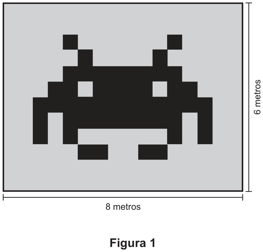 Figura 1: retângulo cinza-claro com um desenho pixelado preto no centro, semelhante a um alienígena de jogo eletrônico. Cotas: 8 metros de comprimento (embaixo) e 6 metros de altura (à direita).