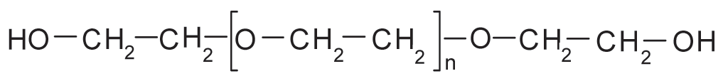 Fórmula estrutural do polietilenoglicol: HO–CH₂–CH₂–[O–CH₂–CH₂]n–O–CH₂–CH₂–OH, com a unidade entre colchetes repetida n vezes.