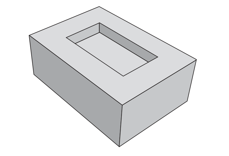 Desenho em perspectiva de um bloco retangular (paralelepípedo) com uma cavidade retangular escavada na face superior, como uma bandeja: a abertura tem lados paralelos às arestas do bloco e paredes internas verticais, com o fundo visível em tom mais escuro.