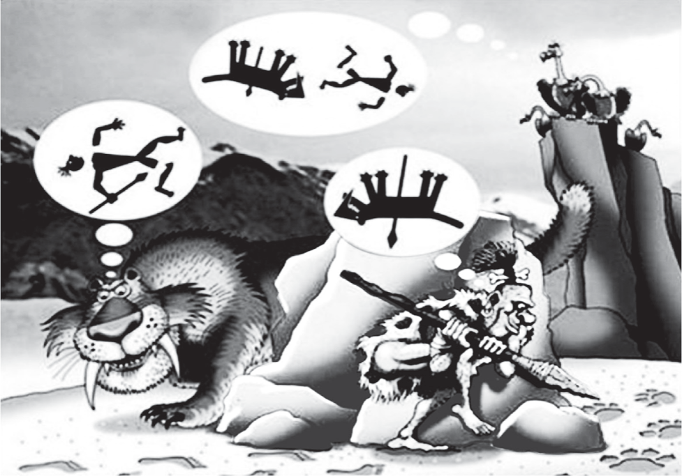 Desenho humorístico: um tigre-dente-de-sabre e um homem das cavernas armado com uma lança se espreitam entre rochas; em balões de pensamento, o tigre imagina o homem abatido e o homem imagina o tigre abatido; no alto de uma rocha, ao fundo, abutres observam a cena.