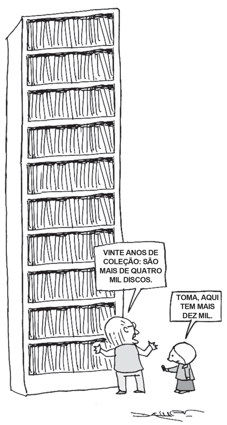 Charge em preto e branco: uma estante altíssima, com dez prateleiras lotadas de discos, ocupa quase toda a imagem; ao pé dela, um homem de óculos abre os braços e diz: “Vinte anos de coleção: são mais de quatro mil discos.”; ao lado, uma criança estende um pequeno dispositivo (um pen drive) e responde: “Toma, aqui tem mais dez mil.”.