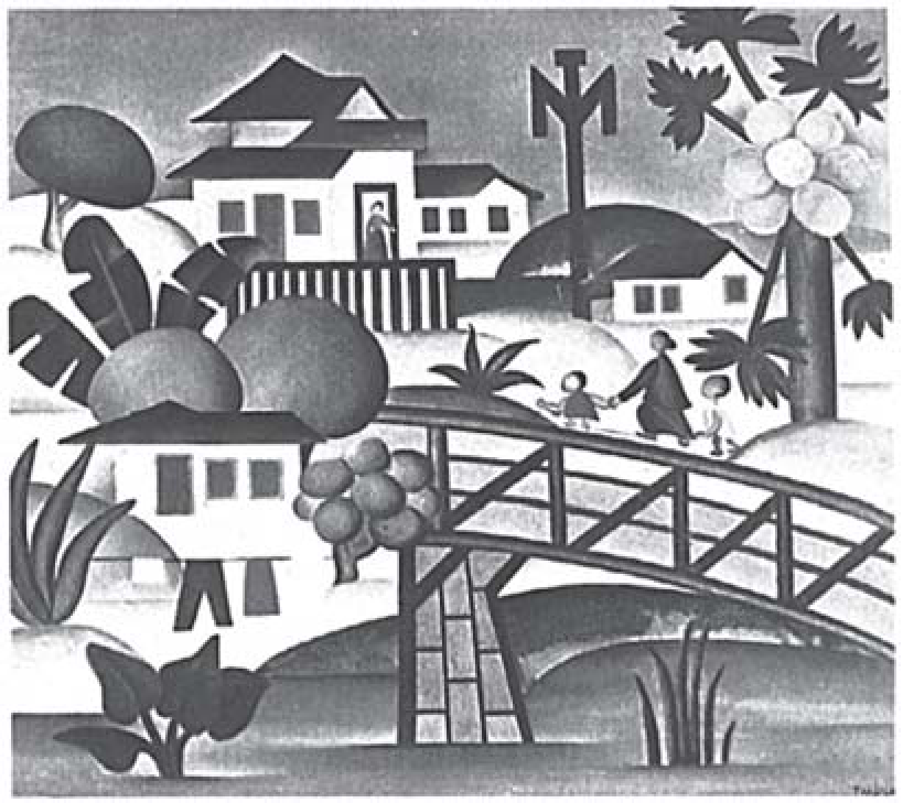 Reprodução em preto e branco da pintura O mamoeiro, de Tarsila do Amaral (1925). Paisagem de subúrbio com formas geometrizadas: casas simples de telhado reto, uma pessoa à porta, cerca de ripas, poste, colinas arredondadas, árvores em formas de esfera e cilindro, bananeiras e um mamoeiro com frutos redondos à direita. Em primeiro plano, uma ponte de madeira com guarda-corpo, atravessada por uma mulher de mãos dadas com duas crianças; à esquerda, uma casa com roupas estendidas e plantas estilizadas.