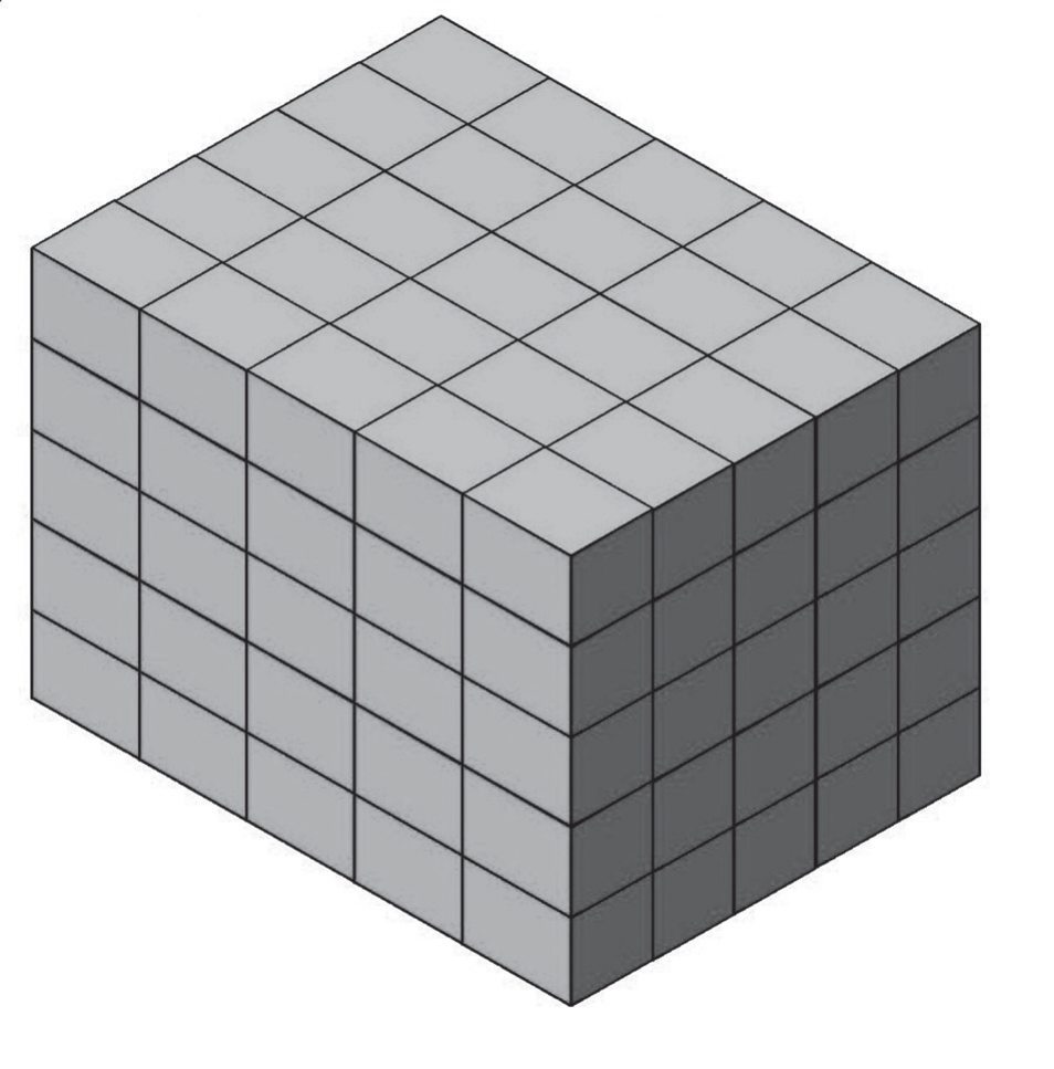 Bloco em perspectiva formado por caixas iguais empilhadas em cinco camadas, cinco fileiras e cinco colunas (5 × 5 × 5), com as faces visíveis em tons de cinza.