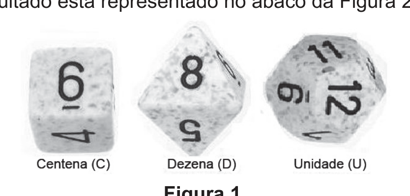 Fotografia de três dados lado a lado, com as faces voltadas para cima mostrando 6 no cubo, rotulado “Centena (C)”, 8 no octaedro, rotulado “Dezena (D)”, e 11 no dodecaedro, rotulado “Unidade (U)”.