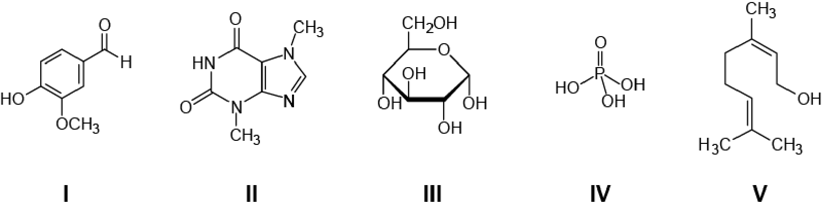 Cinco fórmulas estruturais numeradas: I, anel benzênico com OH, OCH3 e grupo aldeído (vanilina); II, sistema de dois anéis com N e grupos CH3 e C=O (cafeína); III, anel de seis membros com oxigênio, vários OH e CH2OH (glicose); IV, fósforo ligado a um oxigênio por dupla e a três OH (ácido fosfórico); V, cadeia aberta com duas duplas ligações, grupos CH3 e um OH terminal (geraniol).