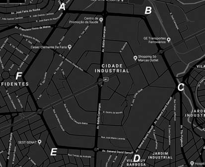 Mapa em tons de cinza de um bairro (Cidade Industrial, em Contagem) em que seis ruas formam um hexágono regular; os seis vértices estão marcados com as letras A, B, C, D, E e F, no sentido horário a partir do topo esquerdo. Dentro e fora do hexágono aparecem nomes de ruas, quadras e estabelecimentos.