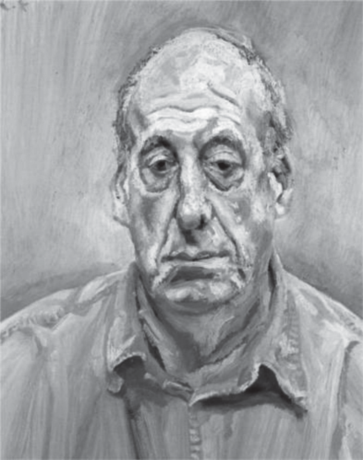 Retrato em preto e branco de um homem de frente, com cabelo curto, testa marcada por rugas, olhos sob pálpebras pesadas, nariz alongado e boca fechada. Usa camisa aberta no colarinho. Pinceladas e sombras acentuam as marcas e volumes do rosto.