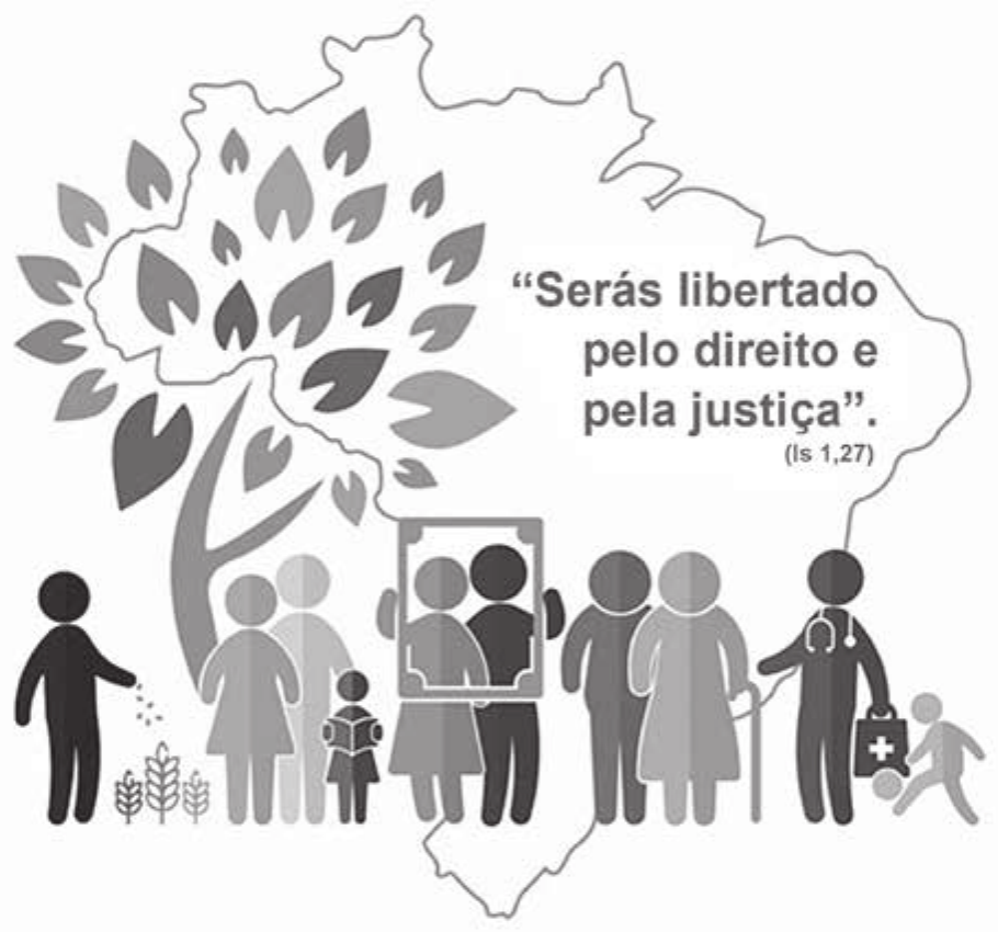 Peça de campanha: contorno do mapa do Brasil; à esquerda, uma árvore cujas folhas se espalham sobre o mapa; dentro do mapa, a frase “Serás libertado pelo direito e pela justiça”. (Is 1,27). Na base, fileira de silhuetas de pessoas: um agricultor semeando junto a espigas, uma família com uma criança lendo, um casal segurando um documento emoldurado, um casal de idosos com bengala, um profissional de saúde com estetoscópio e maleta de primeiros socorros e uma criança correndo atrás de uma bola.