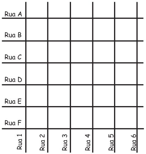 Malha quadriculada de ruas: seis ruas horizontais nomeadas Rua A (no alto) a Rua F (embaixo) e seis ruas verticais nomeadas Rua 1 (à esquerda) a Rua 6 (à direita), formando quarteirões quadrados iguais.