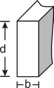 Desenho em perspectiva de uma viga de seção retangular vista de frente, com uma seta vertical à esquerda indicando a altura d e uma cota horizontal na base indicando a largura b.