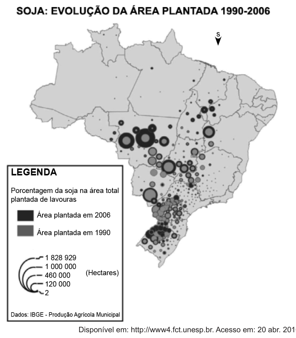 Mapa do Brasil intitulado “Soja: evolução da área plantada 1990-2006”, com círculos proporcionais sobre os estados. Círculos cinza representam a área plantada em 1990 e círculos pretos a área plantada em 2006; a legenda mostra círculos de referência de 2 a 1 828 929 hectares e a fonte “IBGE - Produção Agrícola Municipal”. Os círculos cinza aparecem principalmente no Rio Grande do Sul, no Paraná e no centro-sul do país; os círculos pretos maiores estão no Mato Grosso e há círculos pretos novos no oeste da Bahia, no sul do Piauí e do Maranhão e pontos no Pará.