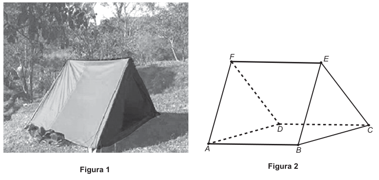 Figura 1: fotografia de uma barraca de lona em forma de prisma triangular. Figura 2: esquema do prisma reto: base retangular ABCD (A na frente à esquerda, B na frente à direita, C atrás à direita, D atrás à esquerda, com AD, DC e as arestas ocultas tracejadas); F é o vértice superior sobre o lado AD e E o vértice superior sobre o lado BC; hastes AF, FD, BE, EC e a cumeeira FE.