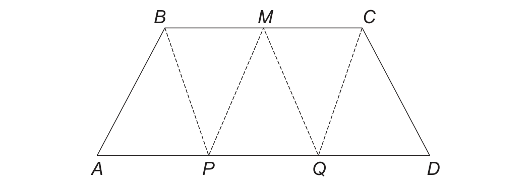 Trapézio isósceles com a base menor BC em cima (B à esquerda, M no meio, C à direita) e a base maior AD embaixo (A à esquerda, P e Q dividindo AD em três partes iguais, D à direita). Segmentos tracejados ligam B a P, P a M, M a Q e Q a C, formando, com os lados AB e CD, cinco triângulos internos: ABP, BPM, PMQ, MQC e QCD.