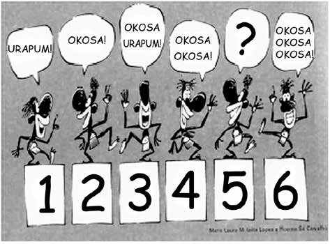 Quadrinho sobre o sistema de contagem de um povo.
Seis pessoas associam as palavras urapum e okosa aos numerais de 1 a 6, deixando o numeral 5 como incógnita.