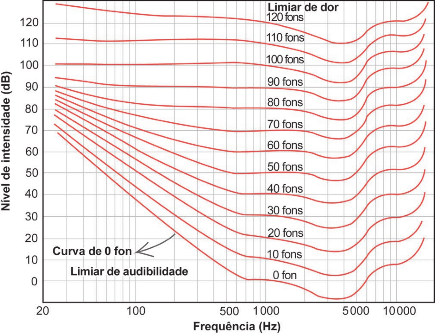 Gráfico em escala logarítmica: eixo horizontal Frequência (Hz), com marcas 20, 100, 500, 1 000, 5 000 e 10 000; eixo vertical Nível de intensidade (dB), de 0 a 120, com uma faixa abaixo de 0. Treze curvas vermelhas de igual audibilidade, rotuladas 0 fon (com a indicação “Curva de 0 fon” e “Limiar de audibilidade”), 10 fons, 20 fons, 30 fons, 40 fons, 50 fons, 60 fons, 70 fons, 80 fons, 90 fons, 100 fons, 110 fons e 120 fons (“Limiar de dor”). As curvas mais baixas descem acentuadamente das frequências graves até um mínimo entre 1 000 e 5 000 Hz e sobem de novo acima de 5 000 Hz; as mais altas são quase horizontais. Grade com linhas verticais nas frequências marcadas e linhas horizontais a cada 10 dB.