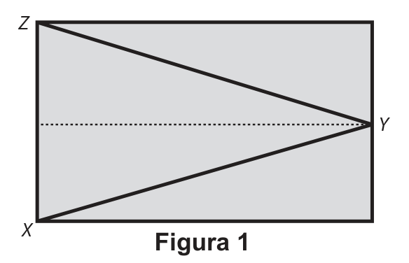 Retângulo cinza, mais largo que alto, com o vértice superior esquerdo Z e o inferior esquerdo X. Do ponto Y, no meio do lado direito, partem dois segmentos grossos até Z e até X, formando um triângulo; uma linha pontilhada horizontal liga o meio do lado esquerdo a Y.
