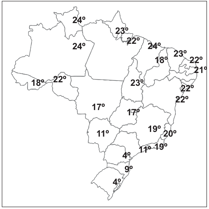 Mapa do Brasil intitulado “Mínimas - Quinta-feira”, CPTEC/INPE, 28/08/2014, com as temperaturas mínimas previstas por estado: Norte entre 22º e 24º (Roraima 24º, Amazonas 24º, Pará 22º, Amapá 23º, Acre 18º, Rondônia 22º, Tocantins 23º); Nordeste entre 18º e 24º (Maranhão 22º, Piauí 24º, Ceará 23º, Rio Grande do Norte 22º, Paraíba 21º, Pernambuco 22º, Alagoas 22º, Sergipe 22º, Bahia 22º, com 18º no interior); Centro-Oeste 17º (Mato Grosso e Goiás) e 11º (Mato Grosso do Sul); Sudeste 17º (Minas Gerais), 19º (Espírito Santo e Rio de Janeiro), 20º no litoral e 11º (São Paulo); Sul 4º (Paraná e Rio Grande do Sul) e 9º (Santa Catarina).
