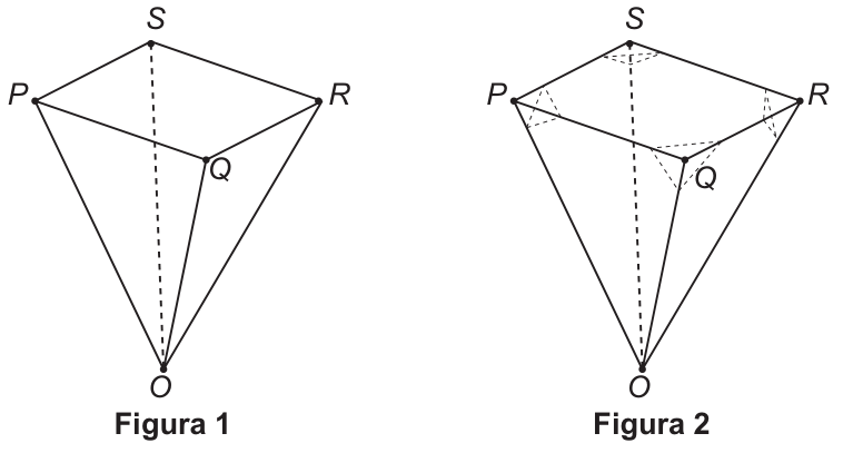 Figura 1: pirâmide de base quadrangular PQRS voltada para cima e vértice O embaixo (a pedra vista como pirâmide invertida); as arestas SQ e SO aparecem tracejadas por estarem atrás. Figura 2: a mesma pirâmide, com pequenos triângulos tracejados junto a cada um dos vértices P, Q, R e S, indicando os cortes que retiram os quatro cantos da base.