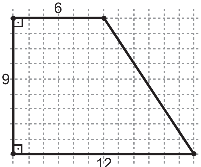 Base do suporte I sobre malha quadriculada: trapézio retângulo com lado vertical esquerdo de 9, lado superior de 6, lado inferior de 12 e lado direito inclinado; ângulos retos marcados nos dois vértices da esquerda.
