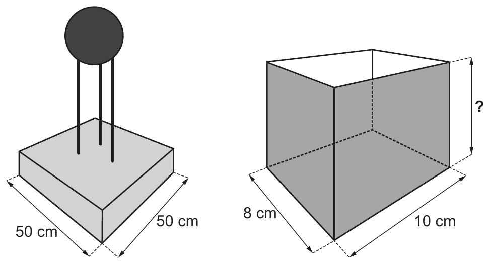 Duas figuras lado a lado. Na Figura 1, à esquerda, o troféu em perspectiva: uma base em forma de paralelepípedo reto-retângulo, com as duas arestas da base cotadas em 50 cm e 50 cm, e três hastes verticais fixadas nela, sustentando uma esfera escura acima do centro da base. Na Figura 2, à direita, a caixa de vidro em perspectiva, também um paralelepípedo reto-retângulo, com as arestas da base cotadas em 8 cm e 10 cm e a altura indicada por uma cota com um ponto de interrogação. Sob cada desenho lê-se, respectivamente, Figura 1 e Figura 2.
