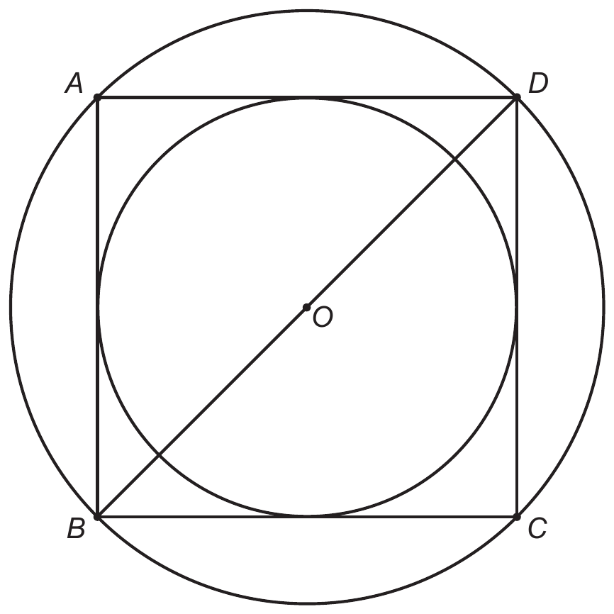 Dois círculos concêntricos de centro O e um quadrado ABCD. O círculo menor está inscrito no quadrado (tangencia seus quatro lados) e o círculo maior passa pelos quatro vértices A, B, C e D. Está traçada a diagonal BD, que passa por O.