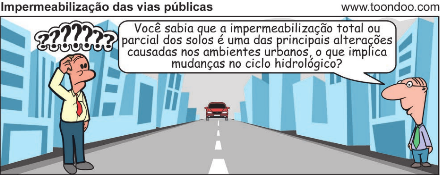 Charge intitulada “Impermeabilização das vias públicas”, com o crédito www.toondoo.com. Em uma rua asfaltada entre prédios azuis, com um carro vermelho ao fundo, um homem à esquerda coça a cabeça sob um balão de pontos de interrogação; outro, à direita, diz: “Você sabia que a impermeabilização total ou parcial dos solos é uma das principais alterações causadas nos ambientes urbanos, o que implica mudanças no ciclo hidrológico?”