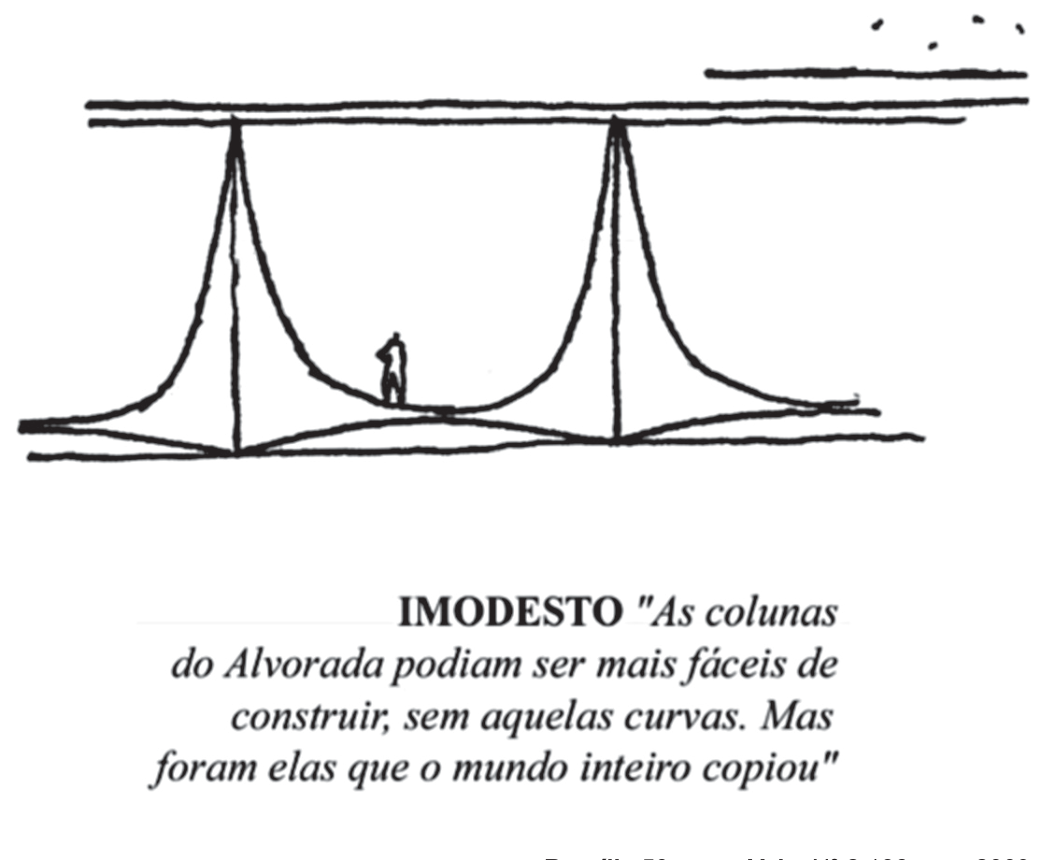 Croqui a traço, em preto sobre fundo branco, das colunas do Palácio da Alvorada: uma laje horizontal no alto e, sob ela, duas colunas formadas por curvas amplas que sobem de ambos os lados até um vértice em ponta junto à laje, apoiadas em ponta no chão; entre elas, a silhueta de uma pessoa dá escala. Abaixo, em itálico, a legenda: "IMODESTO 'As colunas do Alvorada podiam ser mais fáceis de construir, sem aquelas curvas. Mas foram elas que o mundo inteiro copiou'".