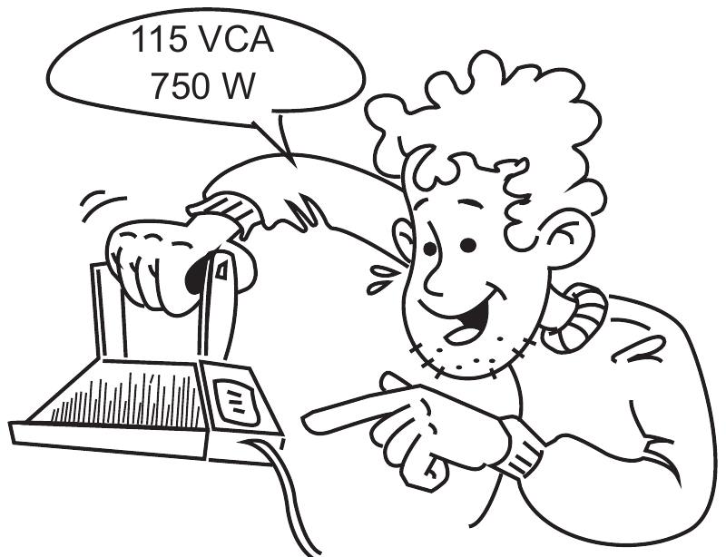 Ilustração em traço: um homem sorridente aponta para um ferro elétrico de passar roupa e, com a outra mão, segura sua etiqueta; um balão ligado à etiqueta traz os dados '115 VCA' e '750 W'.