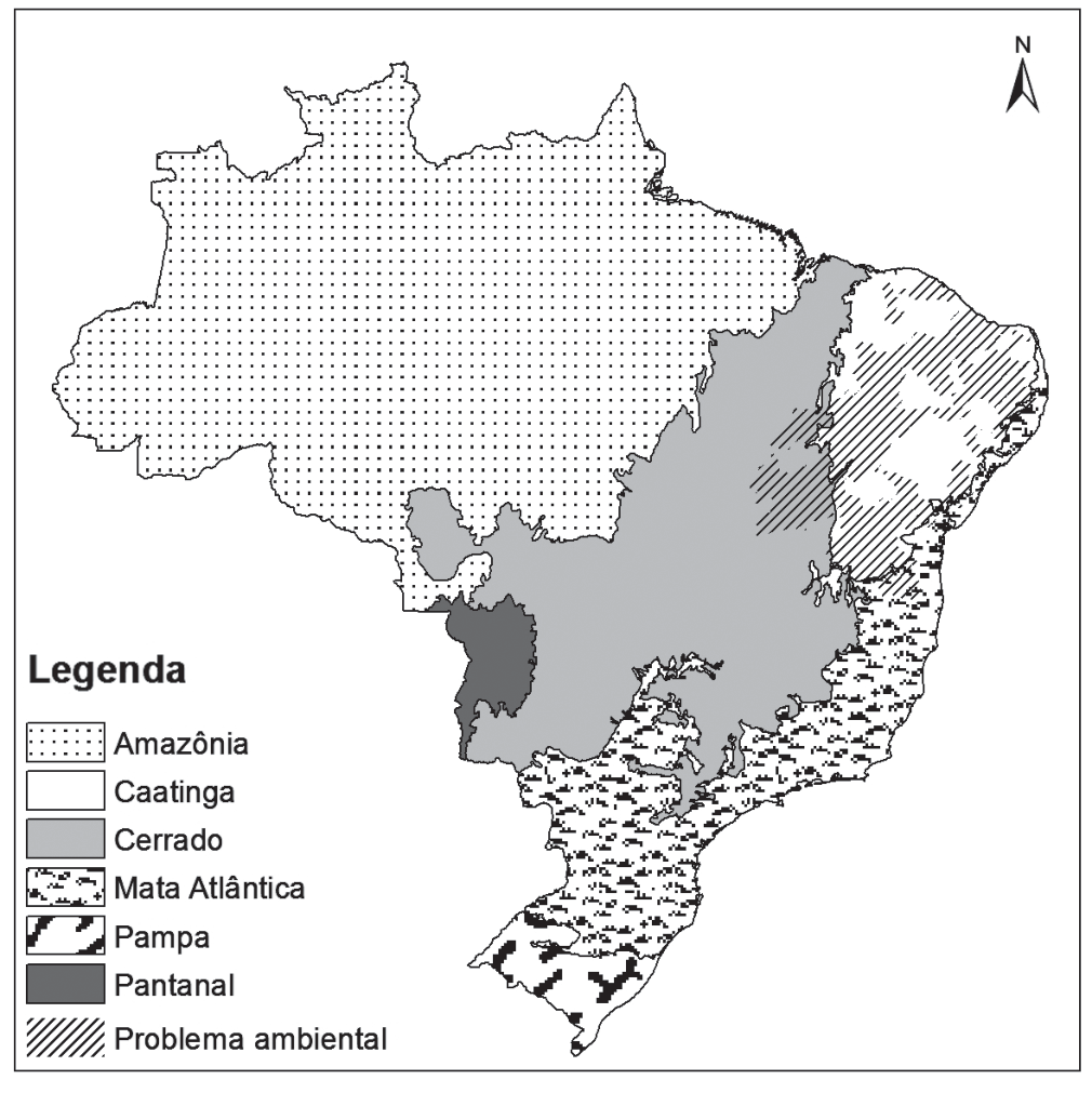 Mapa do Brasil com os seis biomas na legenda. A hachura intitulada Problema ambiental cobre principalmente o interior do Nordeste e se estende para áreas próximas do norte de Minas Gerais; as demais tramas identificam os biomas.