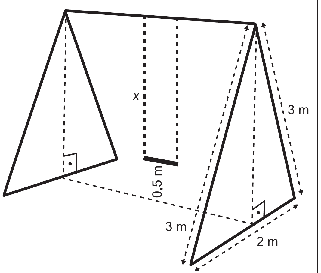 Desenho em perspectiva de um balanço: duas estruturas triangulares laterais (cada lado com barras de 3 m, base de 2 m) ligadas por uma barra superior; do centro da barra superior descem duas correntes tracejadas de comprimento x até o assento, que fica a 0,5 m do chão; marcas de ângulo reto indicam a altura vertical de cada triângulo.