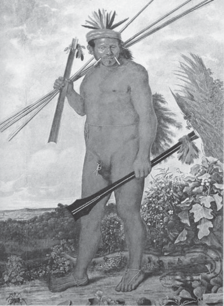 Pintura "Índio Tapuia", de Albert Eckhout: homem indígena nu, em pé, de corpo inteiro, com adornos na cabeça e nas orelhas, segurando lanças e uma borduna, em paisagem tropical com plantas e horizonte ao fundo.