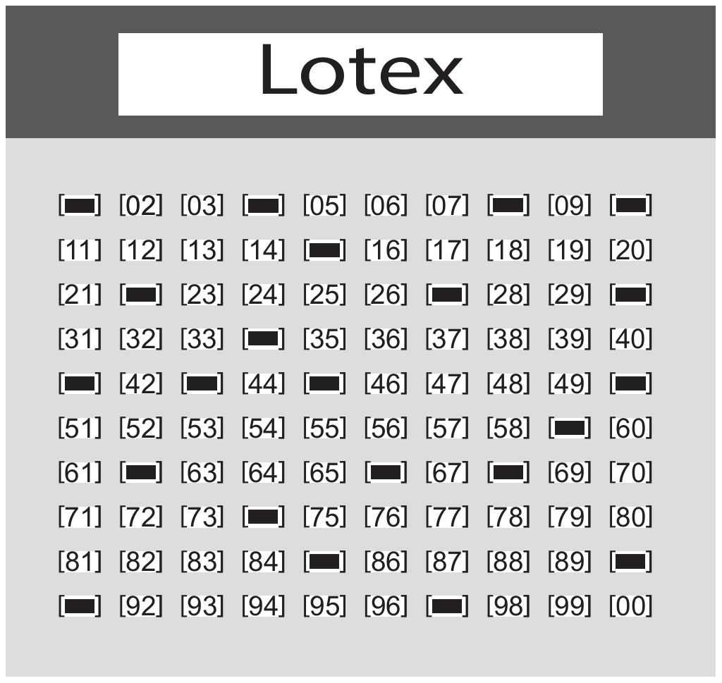 Cartão de aposta 'Lotex' com 100 casas numeradas de 01 a 00 em 10 linhas de 10; 22 casas aparecem preenchidas (barra preta) e as demais mostram o número: linha 1 (01, 04, 08, 10), linha 2 (15), linha 3 (22, 27, 30), linha 4 (34), linha 5 (41, 43, 45, 50), linha 6 (59), linha 7 (62, 66, 68), linha 8 (74), linha 9 (85, 90), linha 10 (91, 97).