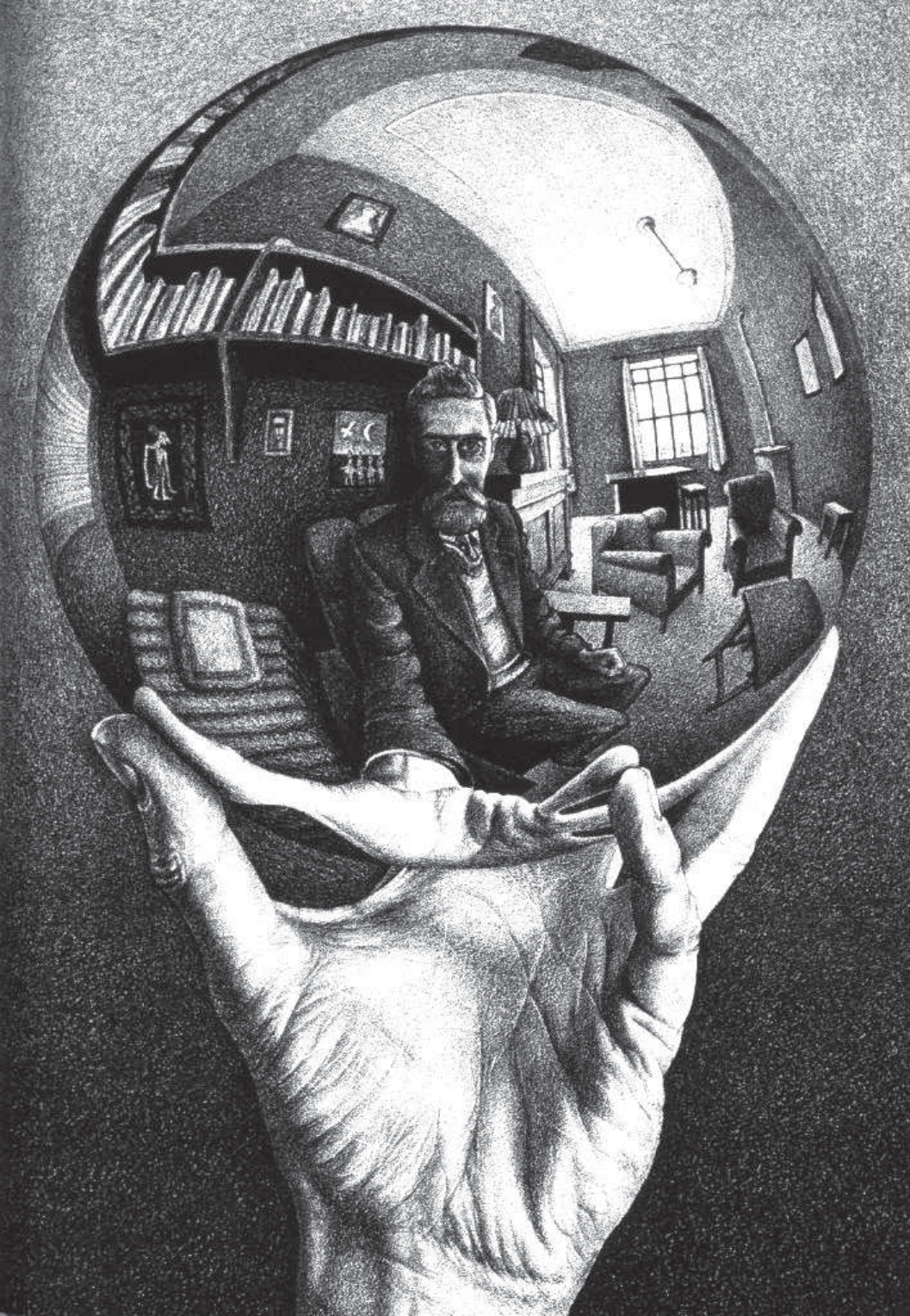 Gravura de M. C. Escher em preto e branco: uma mão segura uma esfera espelhada na qual se refletem, direitos e reduzidos, o próprio artista sentado (homem de barba e terno olhando para a frente), a mão que segura a esfera, estantes de livros, quadros, janelas, luminária e móveis de uma sala inteira.