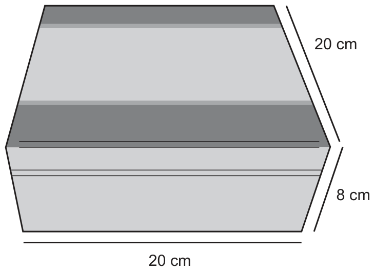 Desenho em perspectiva de uma caixa de madeira fechada, em tons de cinza, com tampa; cotas: 20 cm ao longo da aresta superior direita (profundidade), 8 cm na aresta vertical direita (altura) e 20 cm sob a aresta da frente (comprimento).