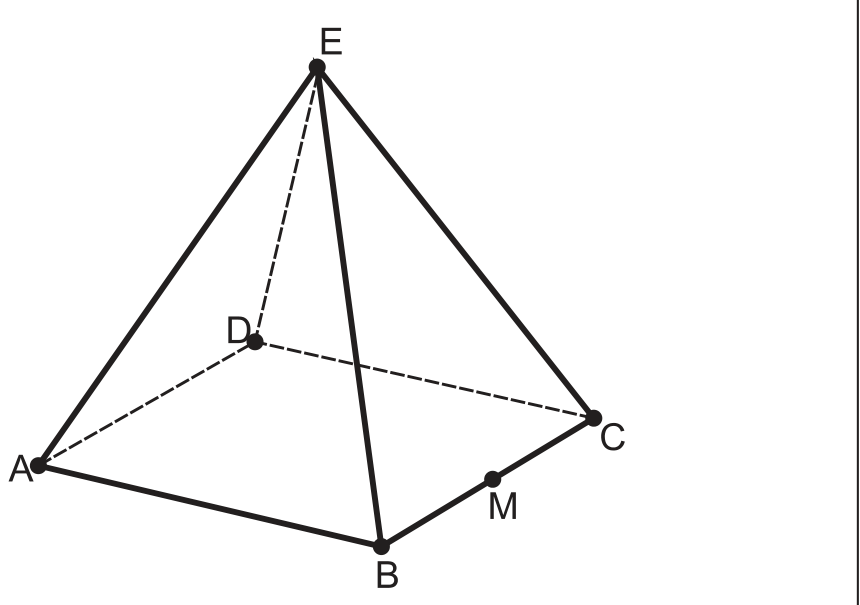 Pirâmide de base quadrada ABCD (A à esquerda, B à frente, C à direita, D ao fundo) e vértice E no topo; M é um ponto no meio da aresta BC; as arestas EA, EB, EC são cheias e ED e as arestas DA e DC tracejadas.