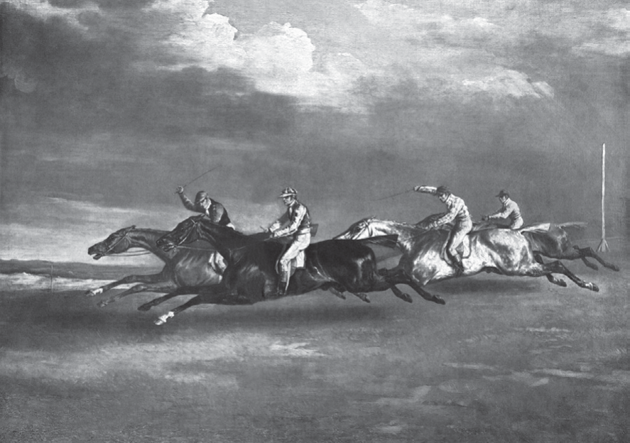 Pintura de Géricault: quatro cavalos de corrida com jóqueis galopando lado a lado, todos com as patas dianteiras e traseiras estendidas ao mesmo tempo, sob um céu de nuvens escuras, num campo aberto.