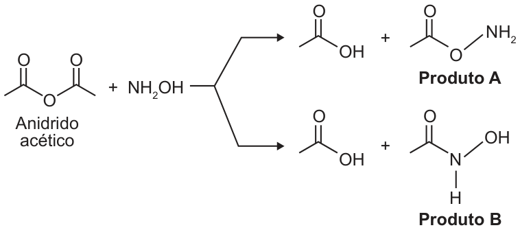 Esquema de reação: à esquerda, o anidrido acético (duas carbonilas ligadas por um oxigênio) mais NH₂OH; duas setas levam a dois caminhos. Em cima: ácido acético mais o Produto A, um éster em que o grupo acetila está ligado ao oxigênio da hidroxilamina (CH₃-CO-O-NH₂). Embaixo: ácido acético mais o Produto B, uma amida em que o grupo acetila está ligado ao nitrogênio, que conserva um H e o grupo OH (CH₃-CO-NH-OH).