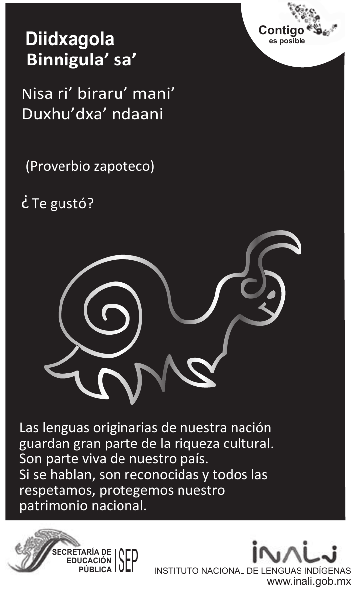 Cartaz com texto em espanhol e zapoteco, desenho de um animal e logotipos institucionais.