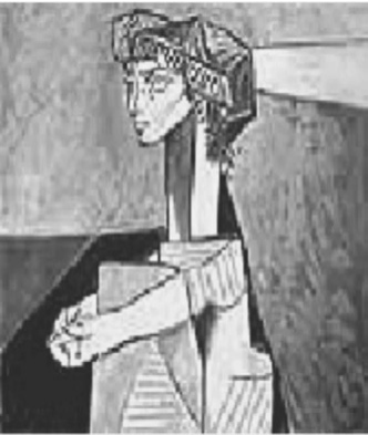 Alternativa E: pintura cubista de Pablo Picasso, retrato de Jacqueline Roque com as mãos cruzadas, em formas angulosas.
