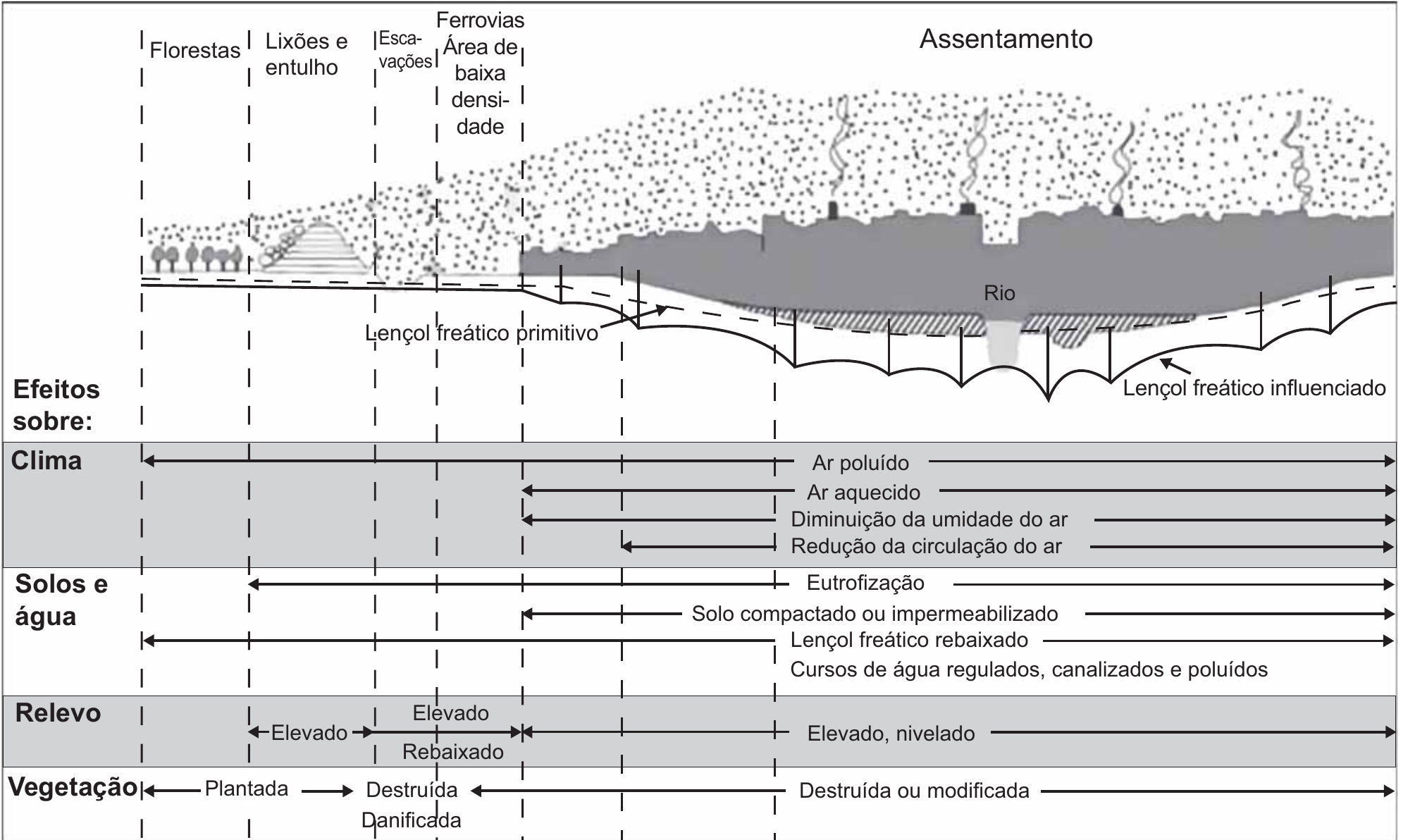 Infográfico com o perfil de uma paisagem, da esquerda para a direita: florestas, lixões e entulho, escavações, ferrovias e área de baixa densidade, e um grande assentamento urbano com chaminés e um rio; linhas mostram o lençol freático primitivo e o lençol freático influenciado, rebaixado sob a cidade. Abaixo, quatro faixas com setas indicando a extensão de cada efeito: Clima (ar poluído em toda a extensão; ar aquecido, diminuição da umidade do ar e redução da circulação do ar a partir da área de baixa densidade e do assentamento); Solos e água (eutrofização a partir dos lixões; solo compactado ou impermeabilizado a partir das ferrovias e área de baixa densidade; lençol freático rebaixado em toda a extensão; cursos de água regulados, canalizados e poluídos no assentamento); Relevo (elevado nos lixões; elevado e rebaixado nas escavações e ferrovias; elevado e nivelado no assentamento); Vegetação (plantada nas florestas; destruída e danificada nos lixões e escavações; destruída ou modificada no restante).