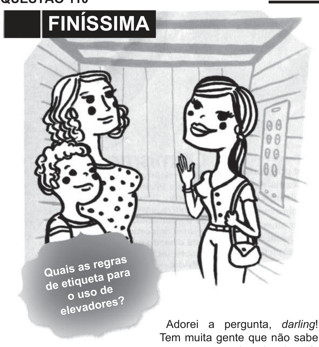 Ilustração de coluna de revista com o cabeçalho "FINÍSSIMA": dentro de um elevador, uma mulher elegante de rabo de cavalo acena para outra mulher de vestido de bolinhas acompanhada de uma criança; um balão cinza traz a pergunta "Quais as regras de etiqueta para o uso de elevadores?".