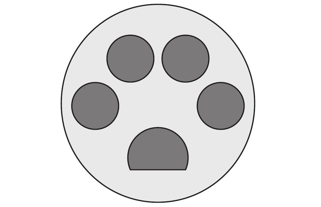 Logomarca em forma de pegada de gato dentro de um círculo grande de fundo cinza-claro. No interior há quatro círculos menores cinza-escuros dispostos em arco na parte de cima e uma forma de meia-lua (semicírculo com a base reta para baixo) na parte de baixo, como a almofada da pata.