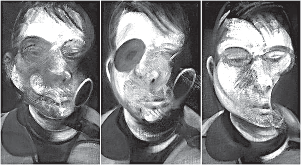 Tríptico em preto e branco: três pinturas de um mesmo rosto masculino, visto de ângulos ligeiramente diferentes, com as feições deformadas por pinceladas largas e manchas — olhos e bochechas borrados, formas circulares sobrepostas ao rosto, contornos distorcidos — sobre fundo escuro.