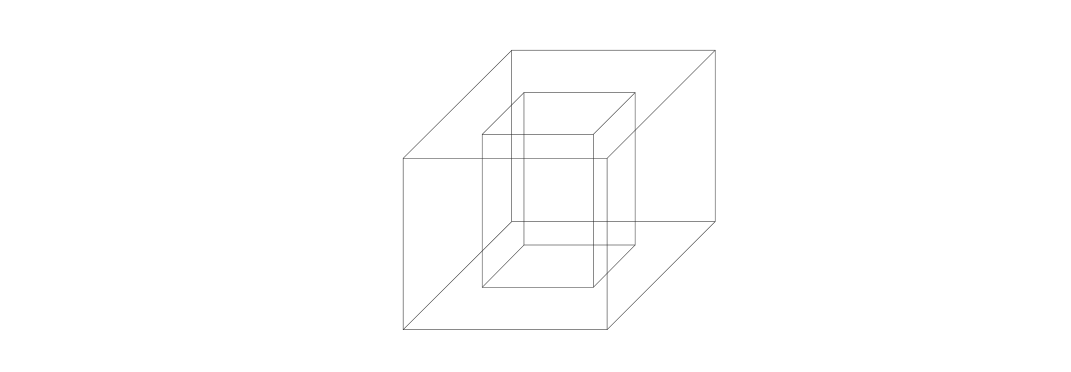 Desenho em perspectiva de um cubo transparente maior contendo um cubo menor centralizado, com arestas em linhas finas, representando o porta-lápis com cavidade cúbica.