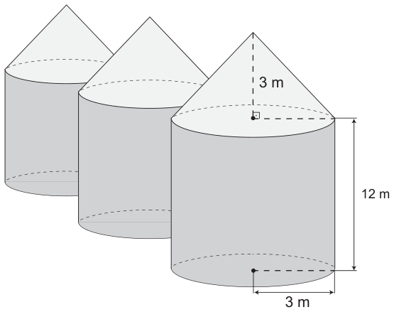 Desenho de três silos iguais, cada um formado por um cilindro encimado por um cone. No silo da frente, as cotas: altura do cone 3 m (segmento tracejado do vértice ao centro da base, com ângulo reto), altura do cilindro 12 m (seta lateral) e raio da base 3 m (seta do centro à borda).