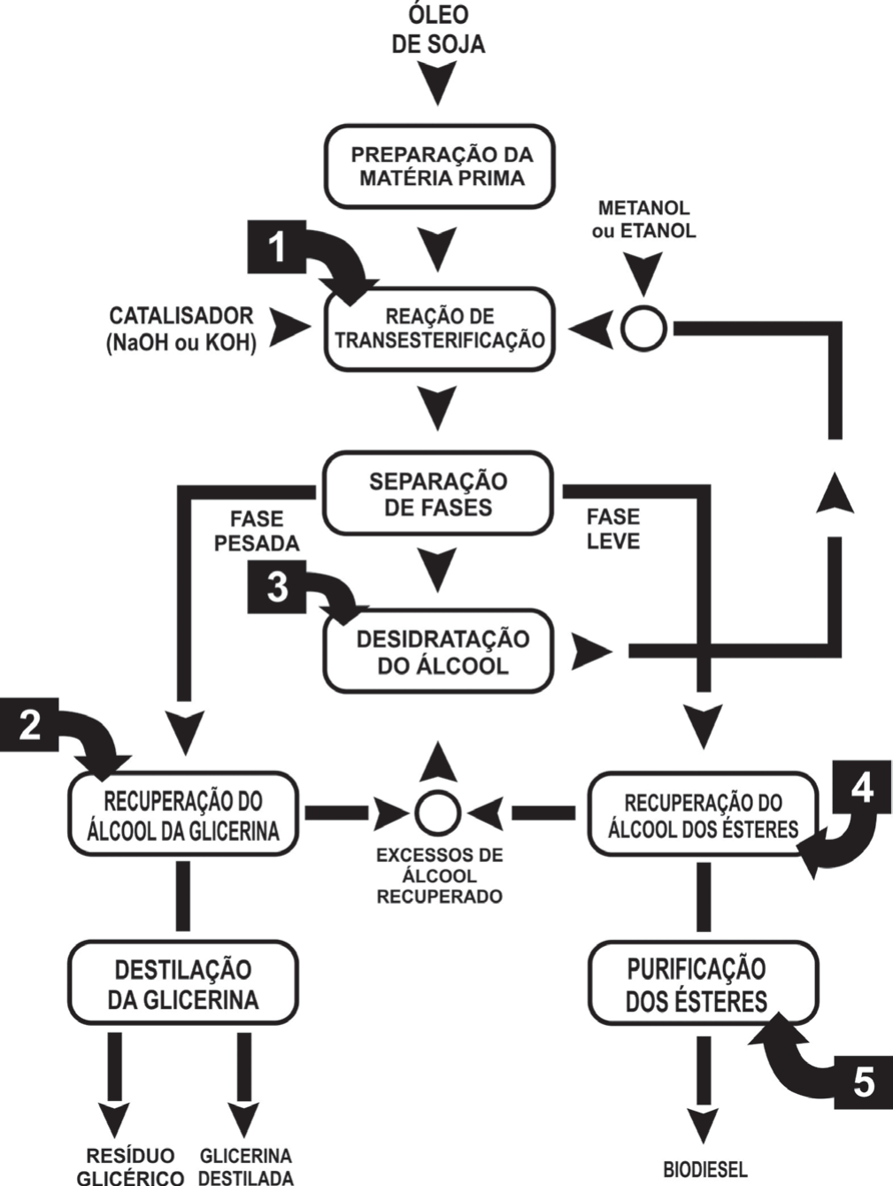 Fluxograma vertical da produção de biodiesel. Do topo: “Óleo de soja” → “Preparação da matéria-prima” → “Reação de transesterificação”, que recebe “Catalisador (NaOH ou KOH)” e “Metanol ou etanol” e leva a marca 1. Segue “Separação de fases”: a fase pesada vai para “Recuperação do álcool da glicerina” (marca 2) e “Destilação da glicerina”, com saídas “Resíduo glicérico” e “Glicerina destilada”; a fase leve vai para “Recuperação do álcool dos ésteres” (marca 4) e “Purificação dos ésteres” (marca 5), com saída “Biodiesel”. Uma caixa “Desidratação do álcool” (marca 3) recebe os excessos de álcool recuperado e devolve o álcool à reação.