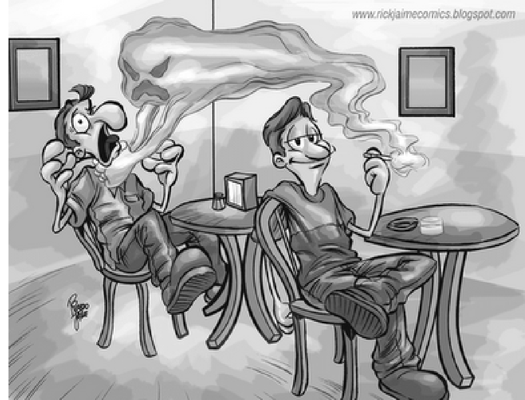 Charge em preto e branco: em um café, dois homens sentados em mesas vizinhas. À direita, um homem relaxado fuma um cigarro, com a perna cruzada; a fumaça sobe e se transforma numa grande cara de fantasma com expressão ameaçadora, que avança sobre o homem da mesa da esquerda. Este, de olhos arregalados e boca aberta, grita de pavor, agarrado à cadeira, enquanto a fumaça entra em sua boca. No canto superior direito, o endereço www.rickjaimecomics.blogspot.com.